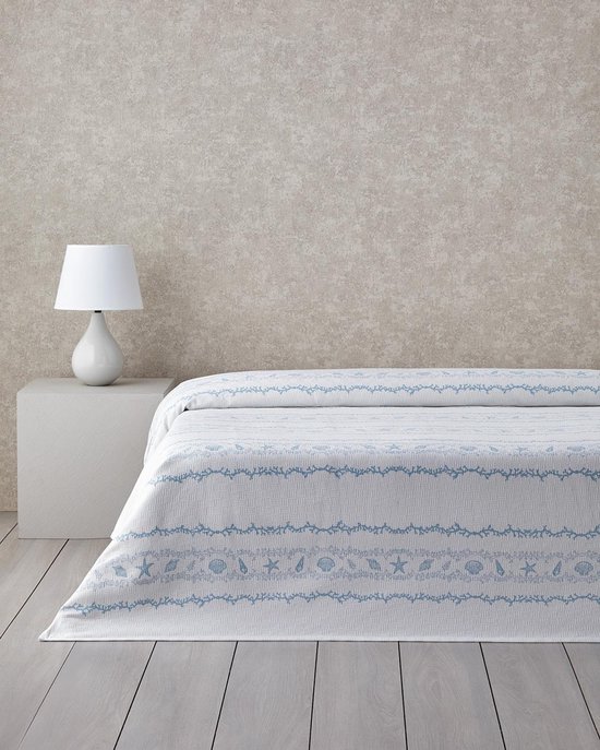 English Home - Submarine Treasures Zomerdeken - Bedsprei - 100% Katoen - Eenpersoons - 150x220 cm – Blauw/Wit