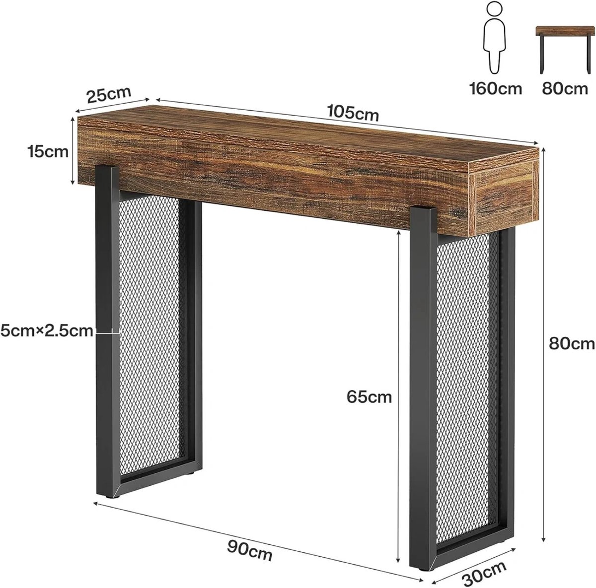 MODENUIT Consoletafel - Met Verborgen Opbergruimte - Voor Hal, Bank Of Televisiehoek - Hout En Metaal - Zwart Bruin Zwart, Rustiek Bruin