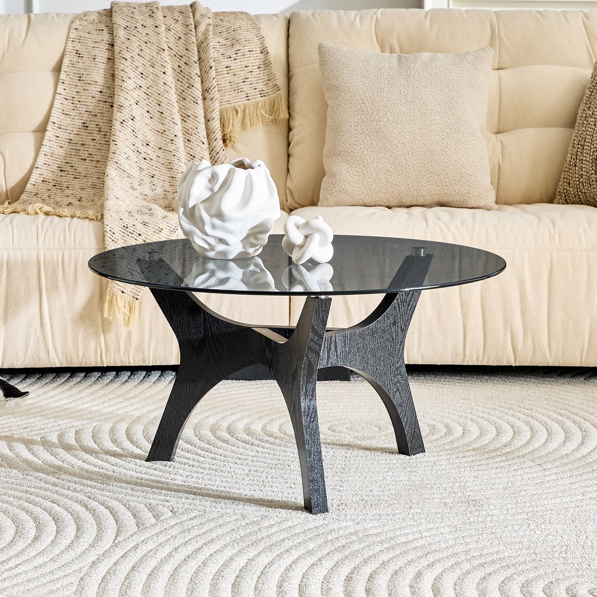 STILVORA Salontafel - Ronde Glazen Tafel Met Houten Frame - Voor Woonkamer En Kantoor - Glas En MDF - 80 x 42,2 cm - Zwart Bruin
