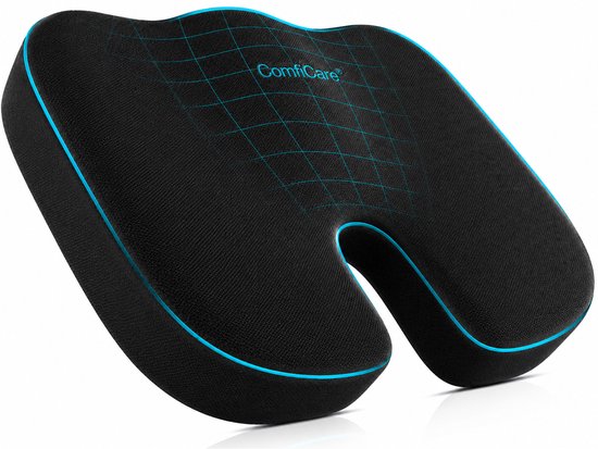 Zwart ergonomisch zitkussen met blauwe rand en rasterpatroon. Merk ComfiCare.