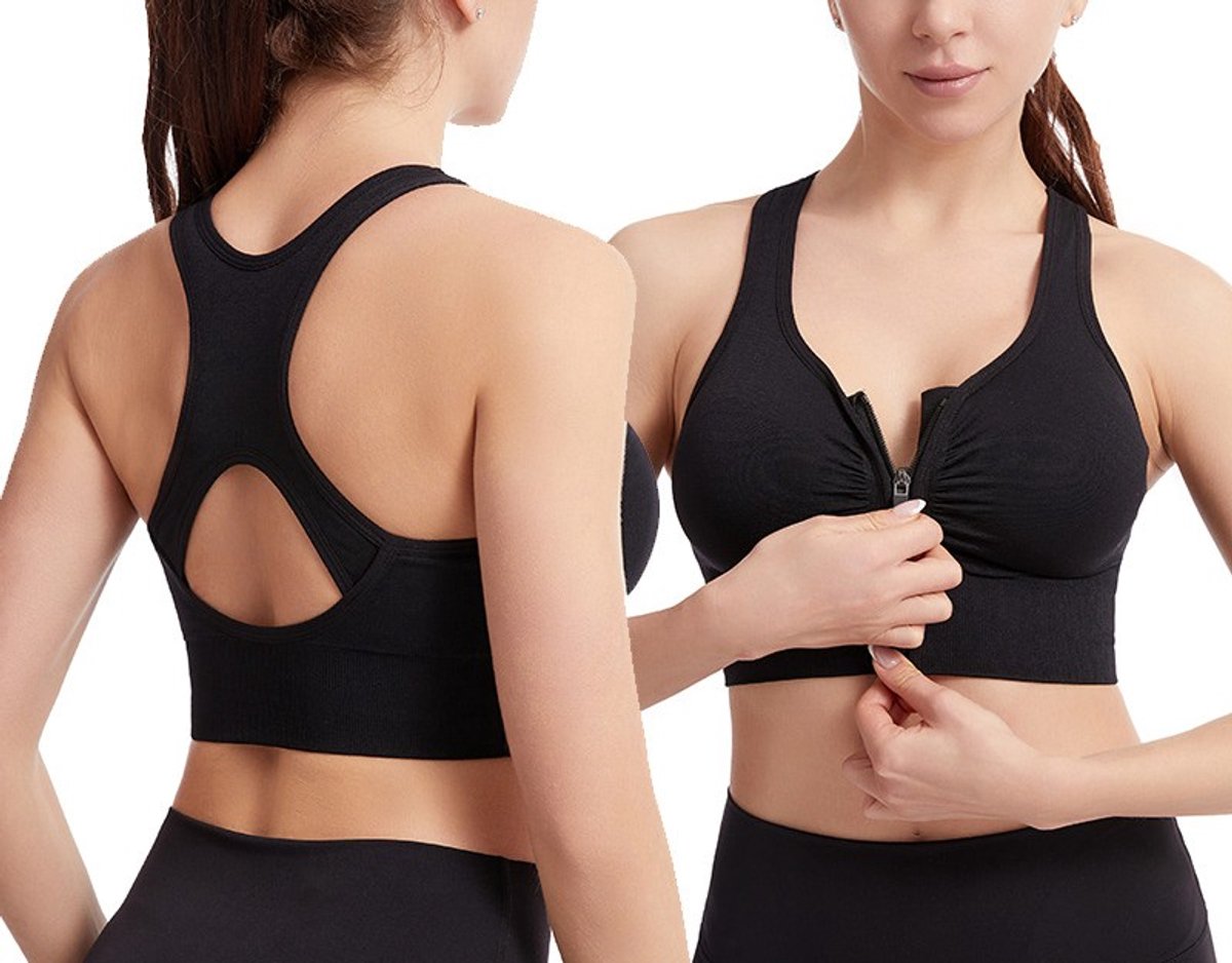 Sportbeha met voorsluiting - Maat M - Sport BH met rits - Fitness BH - Beha zonder beugel - Ondergoed dames - Sport kleding - Kledij – Bra – Zwart - LOUZIR