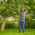 Man met GARDENA Takkenschaar TeleCut Pro S in een boom, staand op gras.