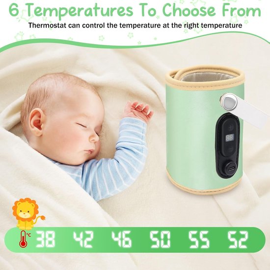 Draagbare babyflessenwarmer voor onderweg - USB-opladen - 6 instelbare temperaturen 38 tot 55°C - met temperatuurscherm - Groen — afbeelding 2