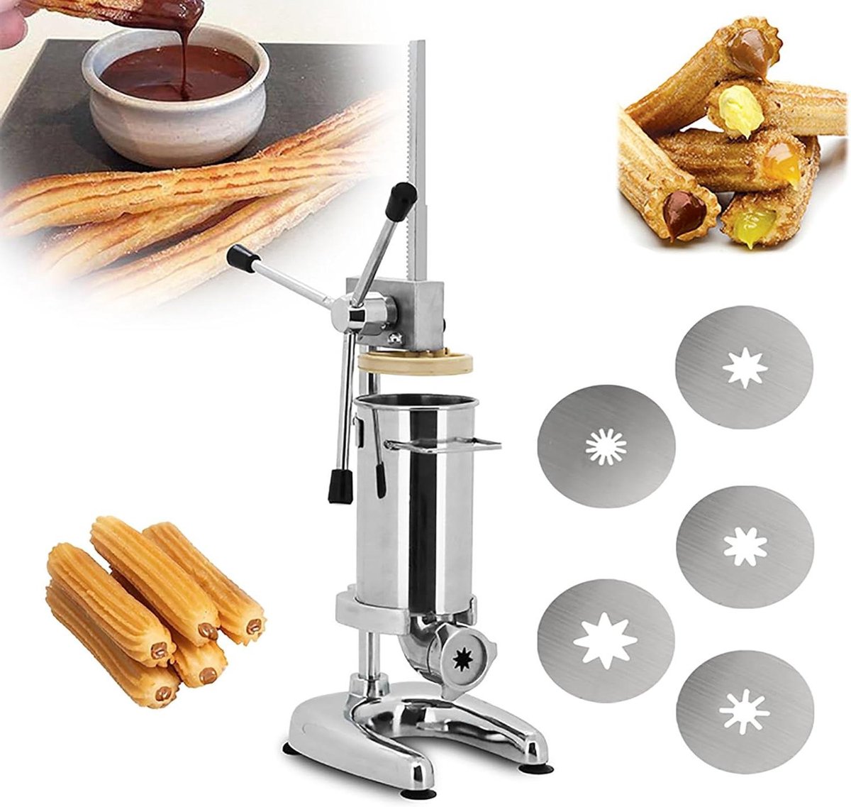 Churros Maker Machine - Spaans Gebak - Zelf Gebak Maken - 5 Verschillende Nozzles - 3L Inhoud - Zilver