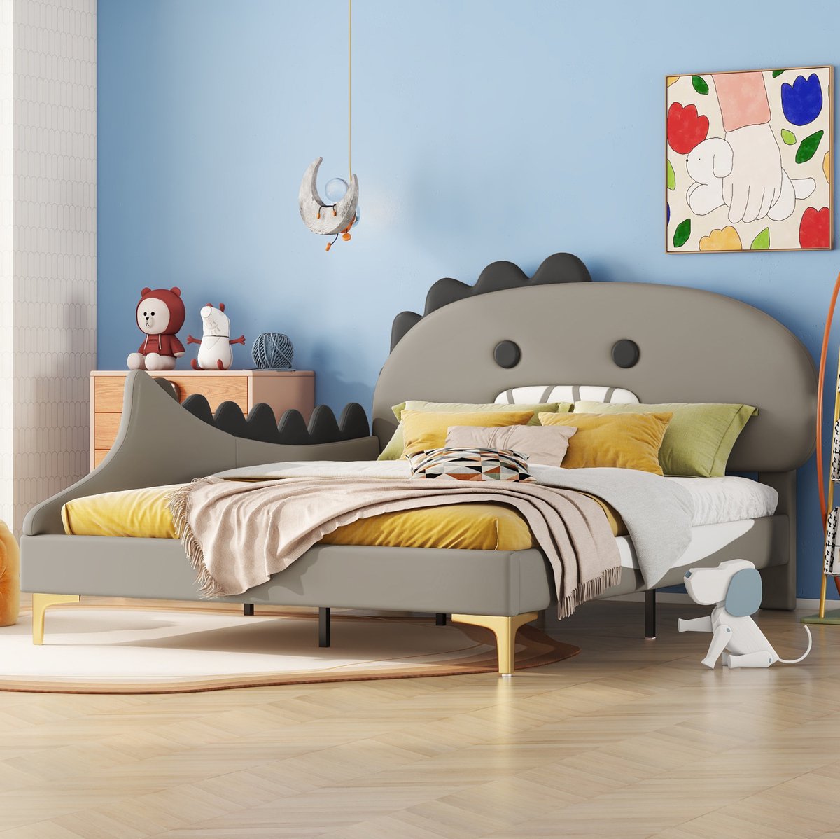 COVREO Kinderbed 209x144 cm grijs kunstleer en MDF met dinosaurus hoofdbord