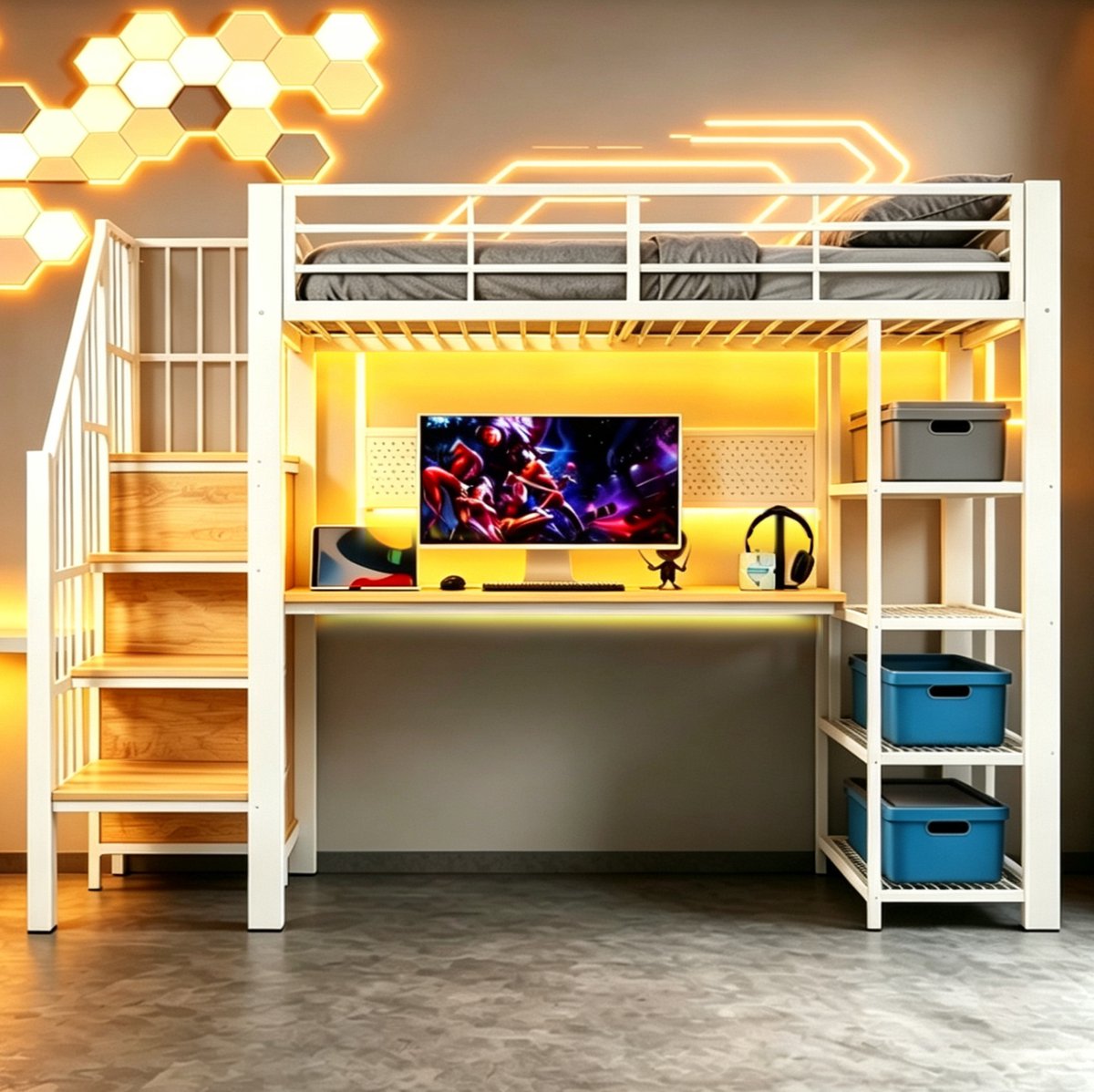 COVREO Hoogslaper 90x200 cm - met bureau, trap met opbergruimte, LED-verlichting, wit