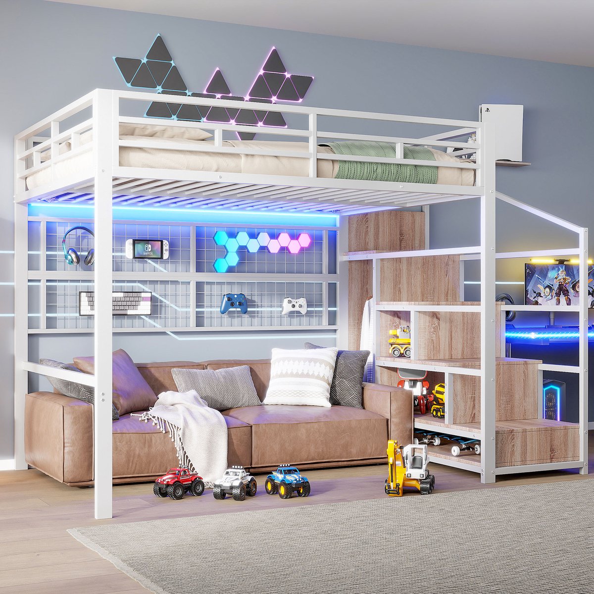 COVREO Hoogslaper 140 x 200 cm - met opbergleider, hangrooster, LED-verlichting, wit