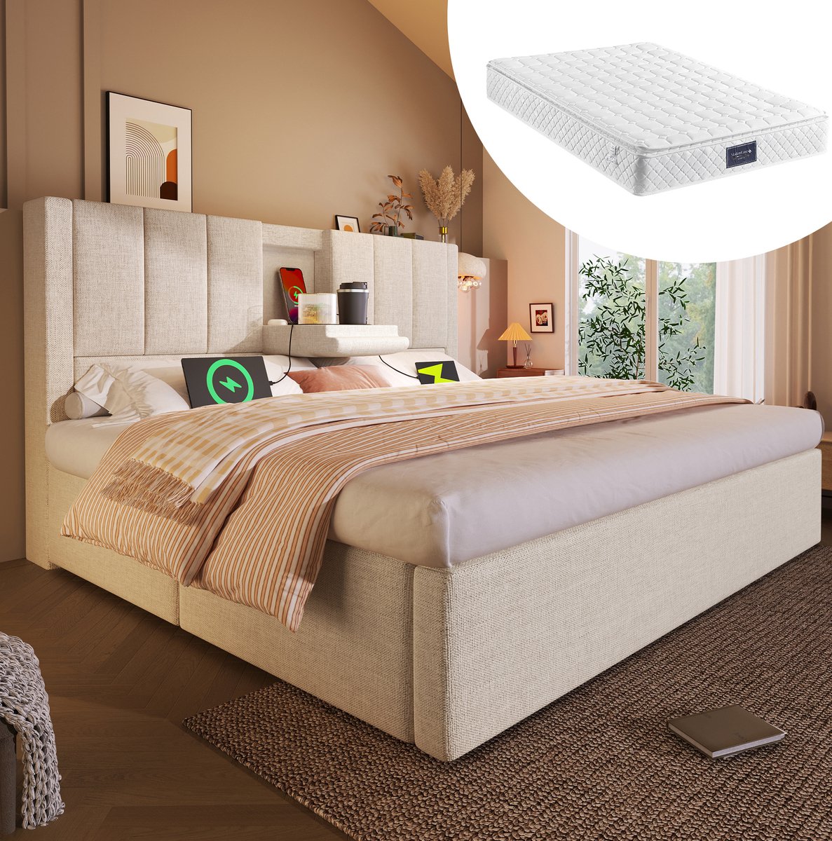 COVREO Bedframe 140x200 cm - beige, opbergruimte, met matras