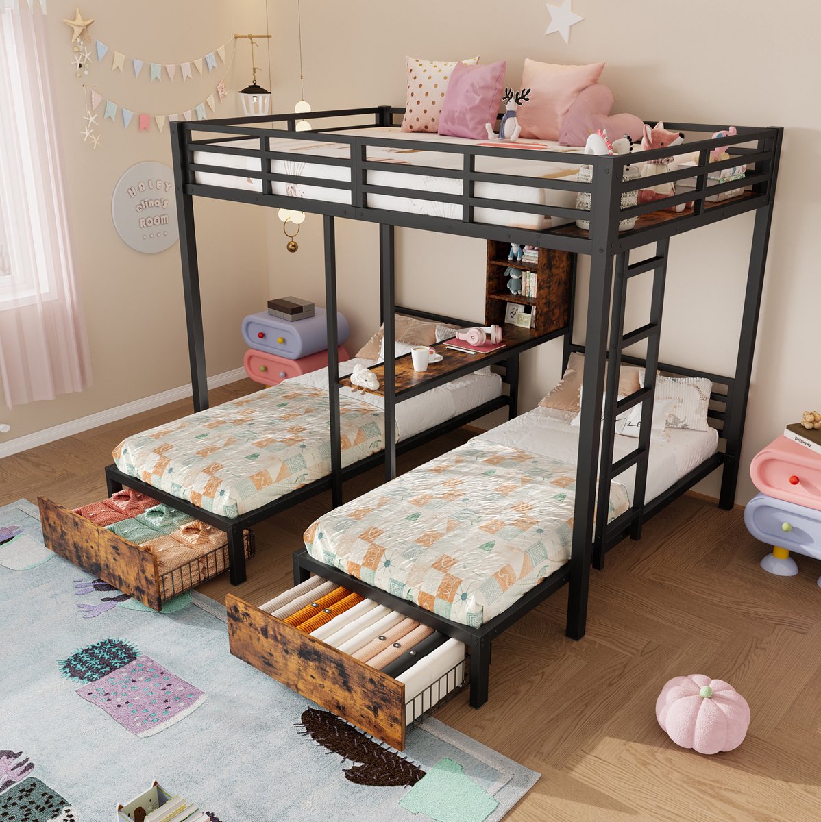 Stapelbed, 140 x 200 cm + 90 x 200 cm, 3 bedden in totaal, met zijrails, opbergvakken, 2 lades en planken, matras niet inbegrepen, zwart.