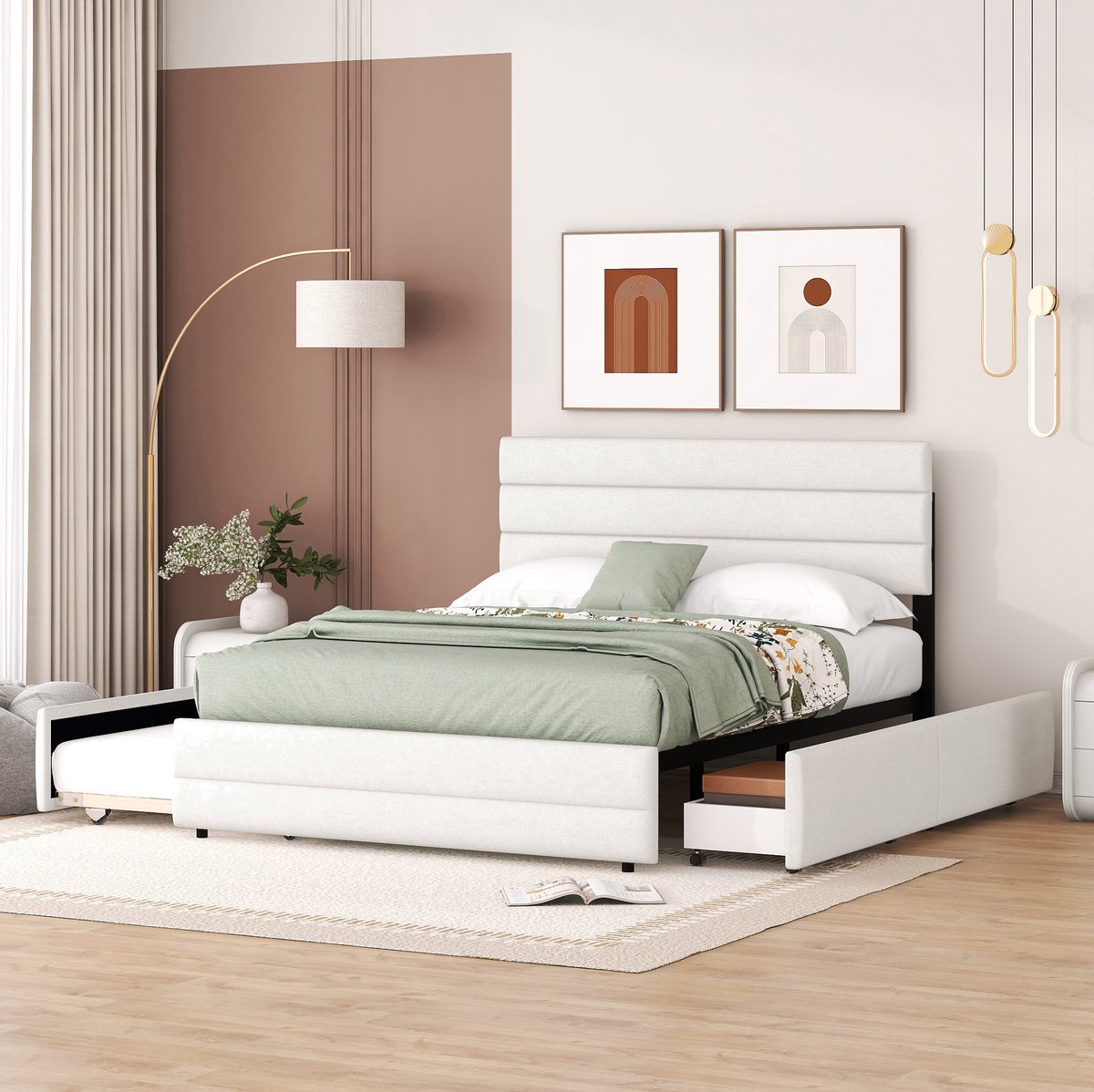 Tweepersoons platformbed van 140 x 200 cm met sneeuwblazer en twee lades, beige.