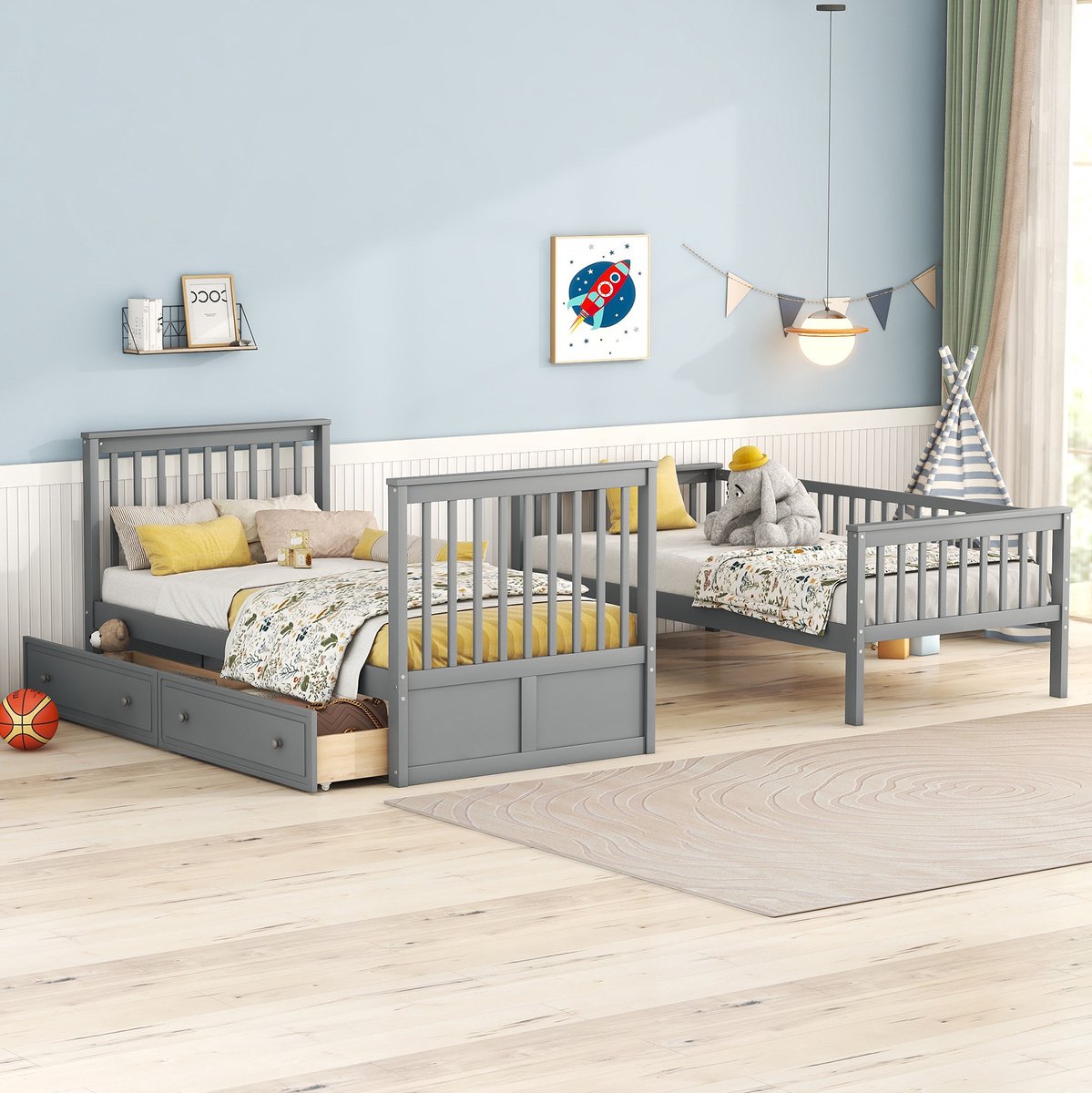 COVREO Stapelbed 90x200 cm - grijs, met lades, hout en MDF, zonder matras