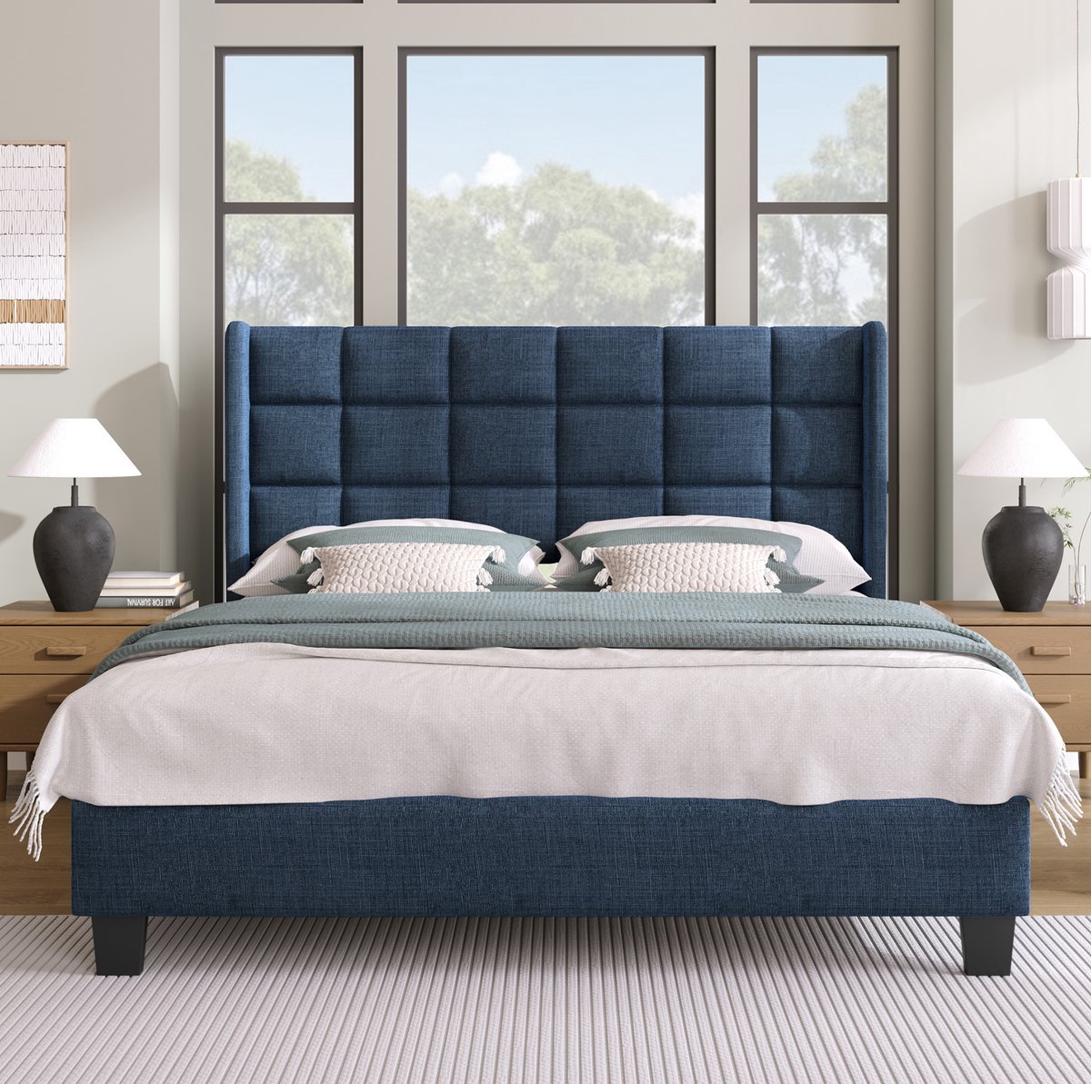 COVREO Bedframe 140x200 cm blauw, gepolsterd hoofdbord, zonder matras