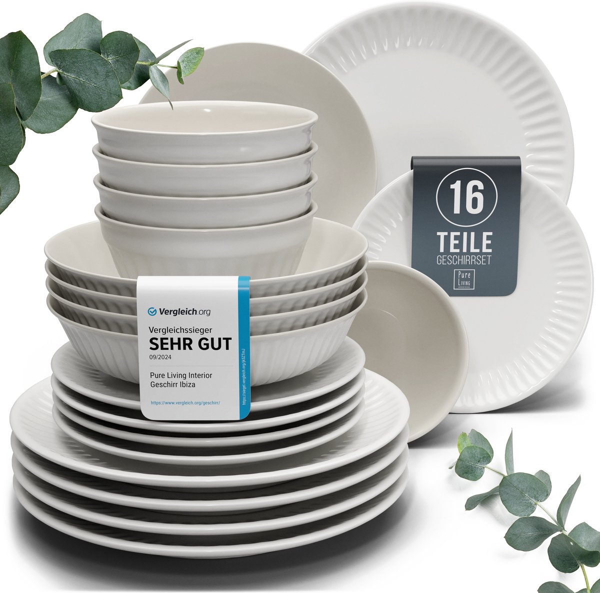 Pure Living Hellgrau serviesset voor 4 personen – 16-delig – aardewerk – scandinavisch design – vaatwasserbestendig