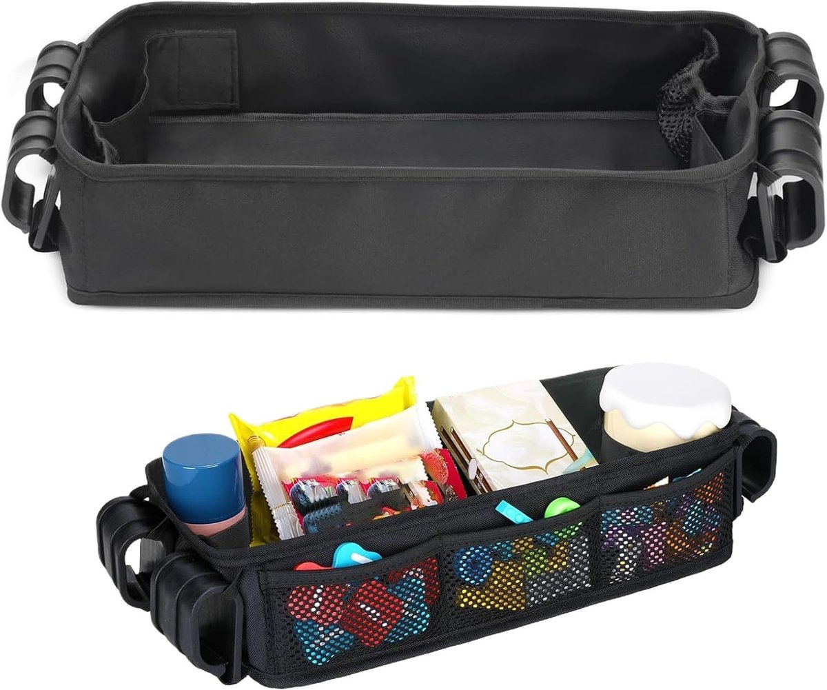 Kinderwagen Snack Tray - Wandelwagen Organizer - Onderweg Snacks - Antislip Ontwerp - 50x22x7.5cm - Zwart