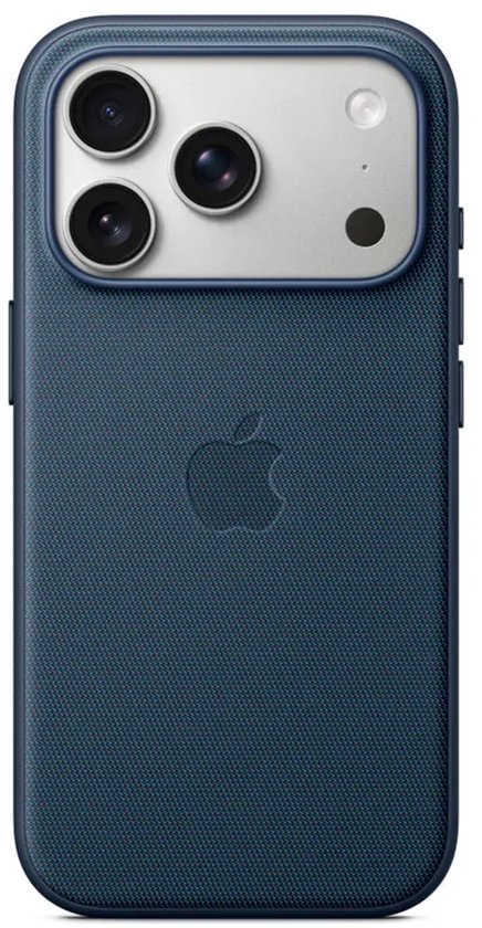 Achterkant van blauw TechWoven hoesje voor iPhone 17 Pro met Apple logo en zilverkleurige camera-unit.