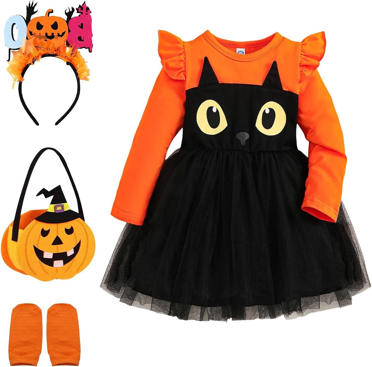 Halloween Pompoen Kostuum Set voor Kinderen met Hoofdband en Tas, Leuk Pompoen Jurk voor Meisjes, Perfect voor Feestjes en Trick or Treat (120cm)