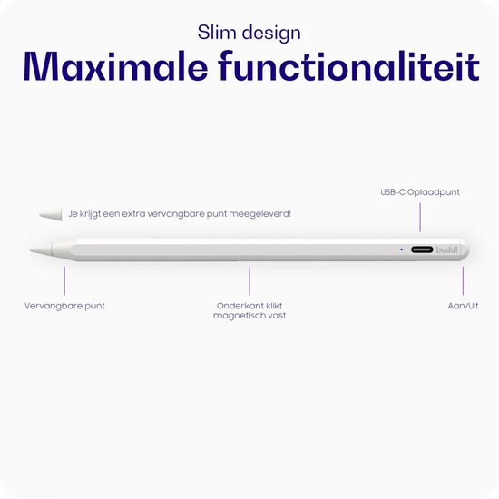 Buddi Flow Universele Actieve Stylus Pen met USB-C Poort - Kantelgevoelig - Magnetisch - Geschikt Voor o.a. Tekenen - Extra Tip - Geschikt voor Tablet, Telefoon en iPad - Wit — afbeelding 5