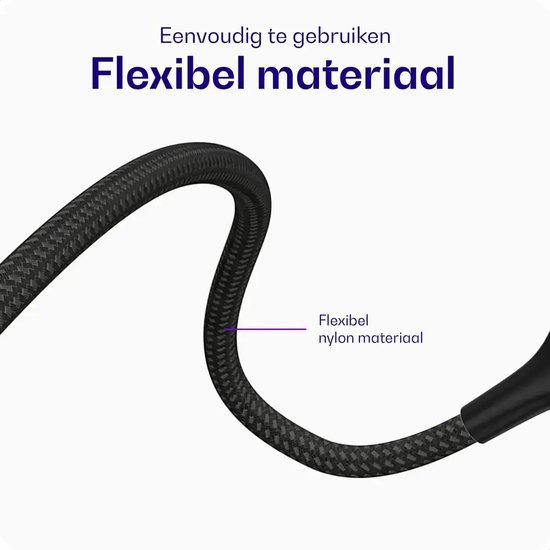 Zwarte gevlochten nylon kabel, flexibel en makkelijk te gebruiken.