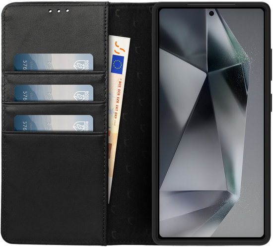 Zwarte telefoonhoes met pasjeshouder, een geldbiljet en een smartphone.