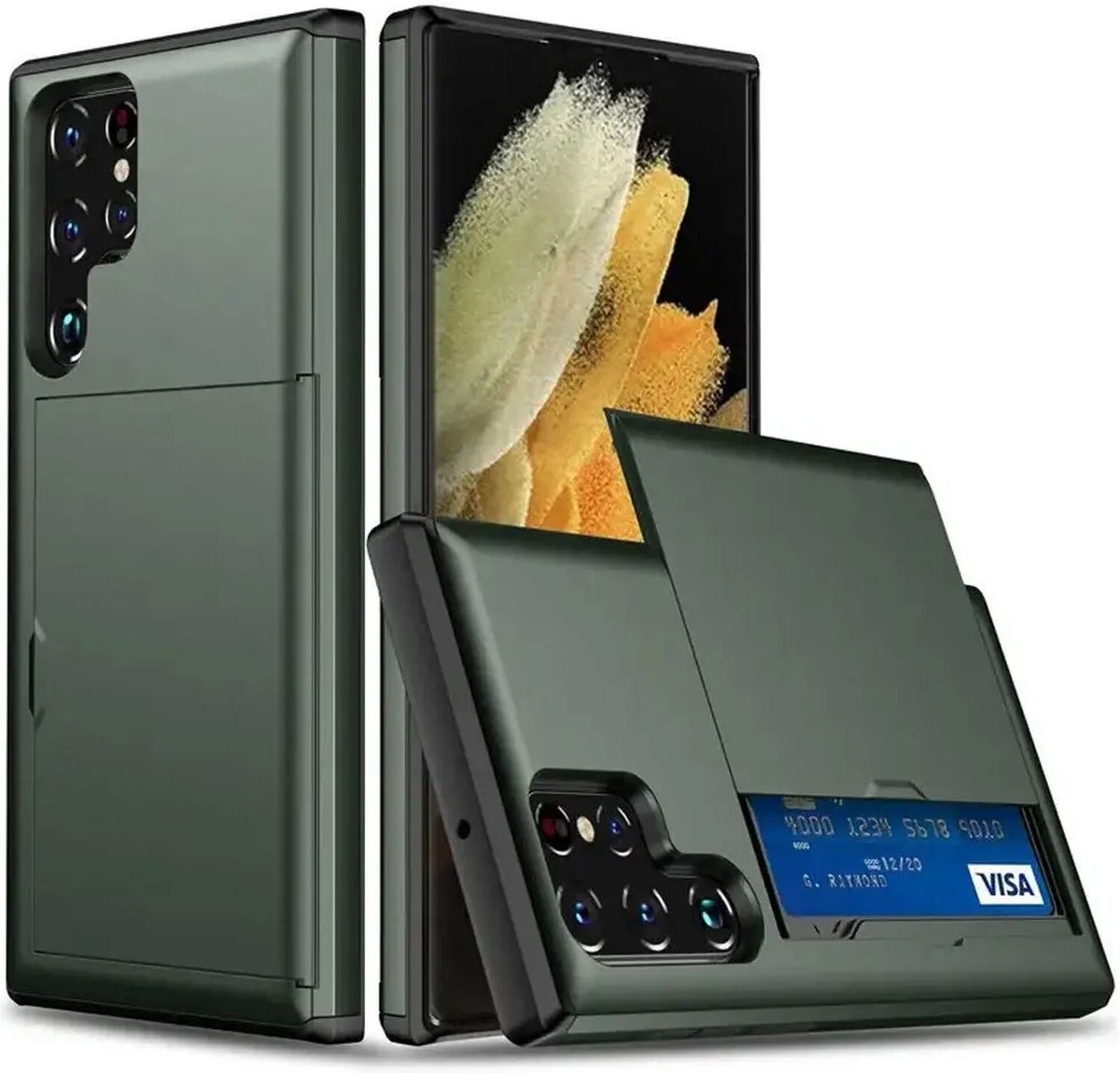 Hoesje met Kaarthouder Slider Geschikt voor Samsung Galaxy S24 Ultra | Back Cover Pasjeshouder Achterkant | Kaarthouder voor Twee Pasjes | Groen