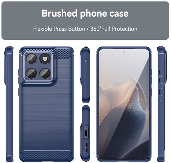 Meerdere aanzichten van een blauw geborsteld TPU hoesje, inclusief een telefoon erin.
