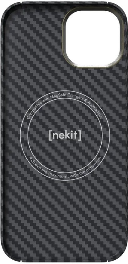 Zwart/grijs hoesje met koolstofvezelpatroon en een magnetische MagSafe ring.