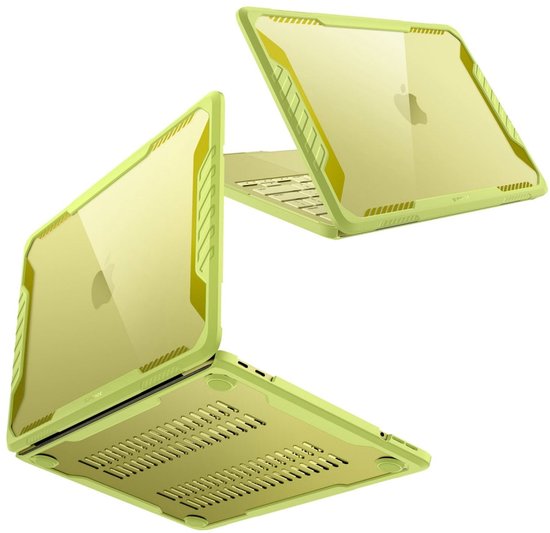 Deux vues d'un étui jaune-vert pour MacBook Neo 13", l'un ouvert de face et l'autre fermé de dos.