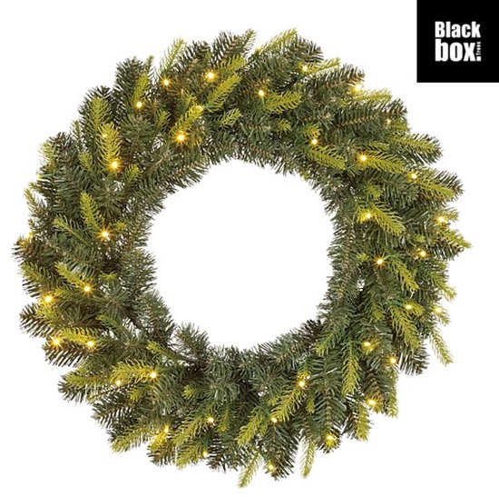 Groene kerstkrans met warm witte LED-lampjes en 'Black Box' logo rechtsboven.