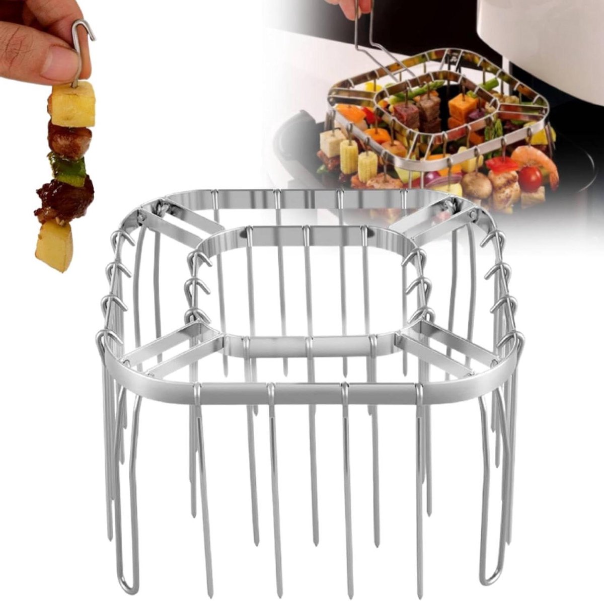 Airfryer Spiesenrek - Verticale Grill - Gelijkmatig Koken - 360 Graden Hete Lucht - 56 Spiesjes - Zilver