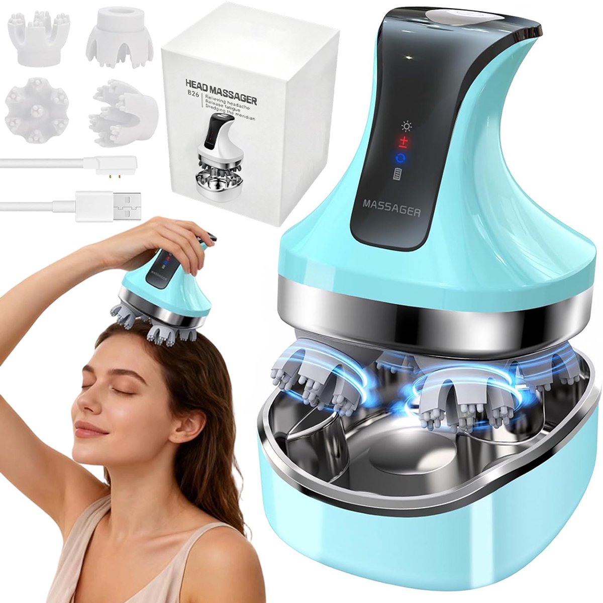 4D Elektrische Hoofdmassager - Massageapparaten - 108 Siliconen Punten & 4 Modi - IPX7 Waterdicht & Draadloos - 1200mAh voor Hele Lichaam - Afneembaar & Reinigbaar - Voor Hoofdhuid, Nek & Schouders