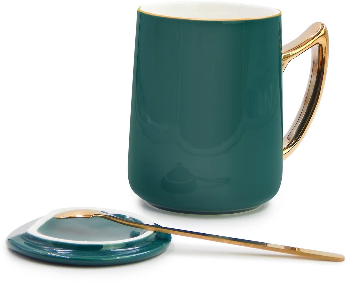 Omgoods - 450ml Keramische Koffiemok met Lids en Lepel (Zwartgroen)