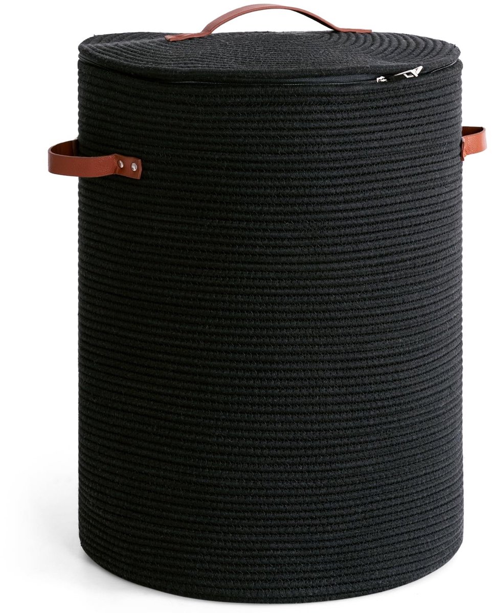 Omgoods - Hoge Wasmand met Deksel, Zwarte Opbergmand 38 x 50 cm
