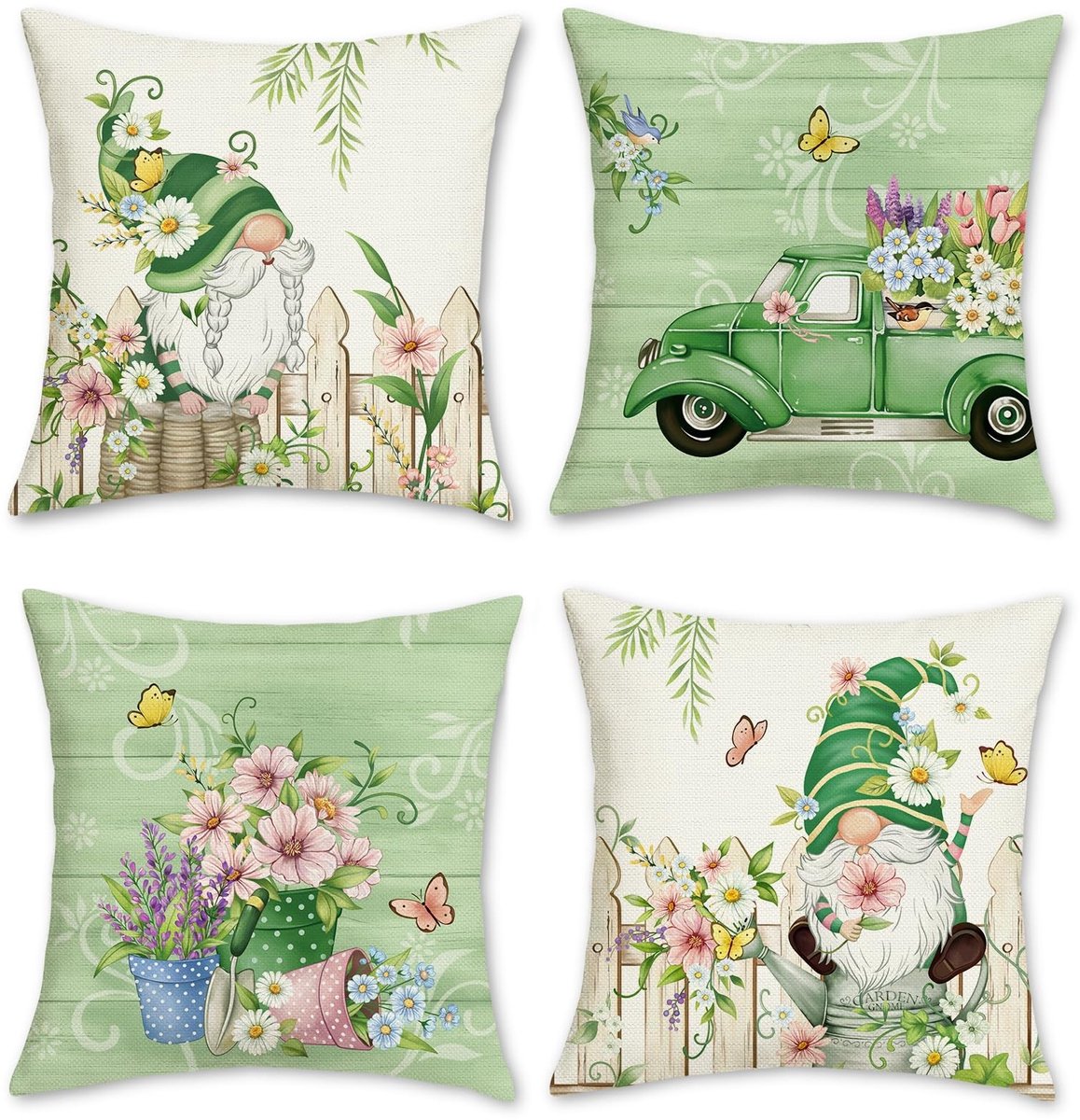 Omgoods - Set van 4 Gnome Flowers Kussenhoezen 45 x 45 cm voor Sofa en Bed