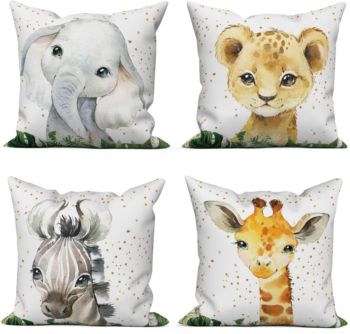 Omgoods - Set van 4 Kinderen Kussenhoezen 40x40cm met Dierenmotieven