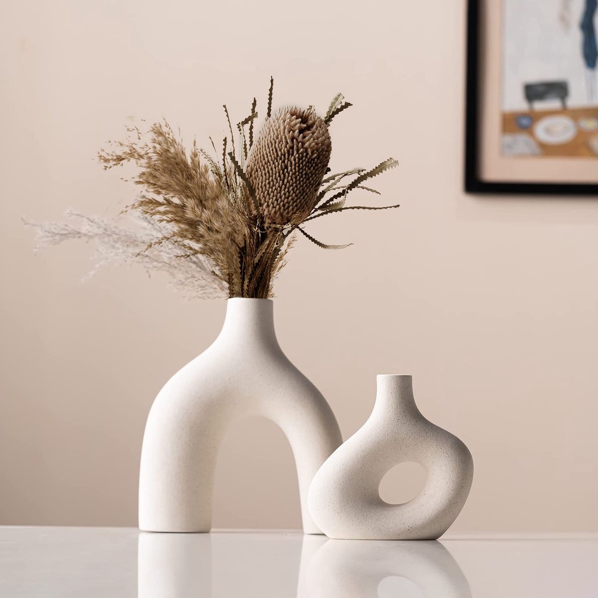 Omgoods - Set van 2 Beige Keramische Vazen voor Bloemen Decoratie