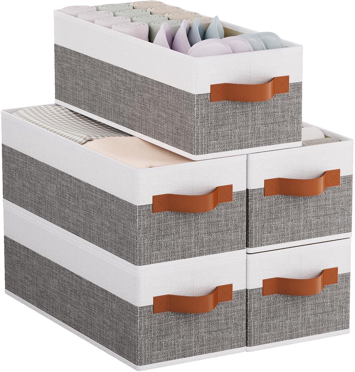 Omgoods - 5 Stuks Opbergmanden - Vouwbare Dozen met Handvatten voor Badkamer en Kledingkast, Grijs/Wit