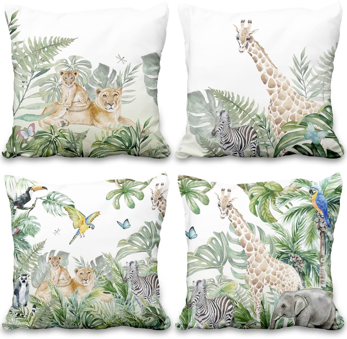 Omgoods - Set van 4 Jungle Safari Dieren Kussenhoezen 40 x 40 cm