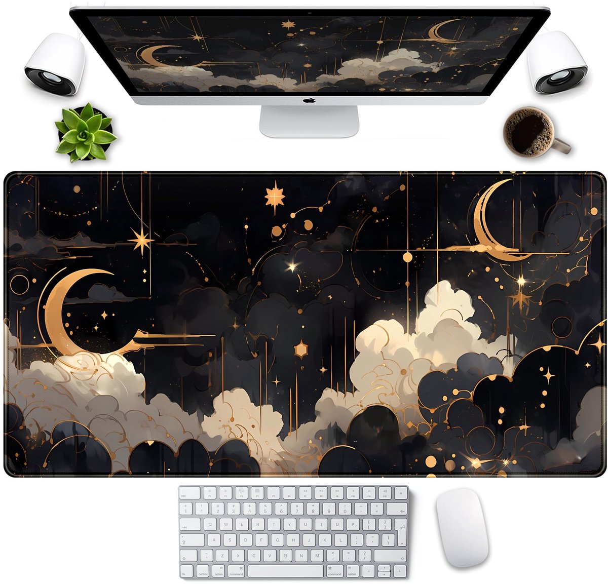 Omgoods - Black and Gold Heavenly Bureau Mat - XXL Gaming Muismat met Gestikte Randen 80 x 40 cm