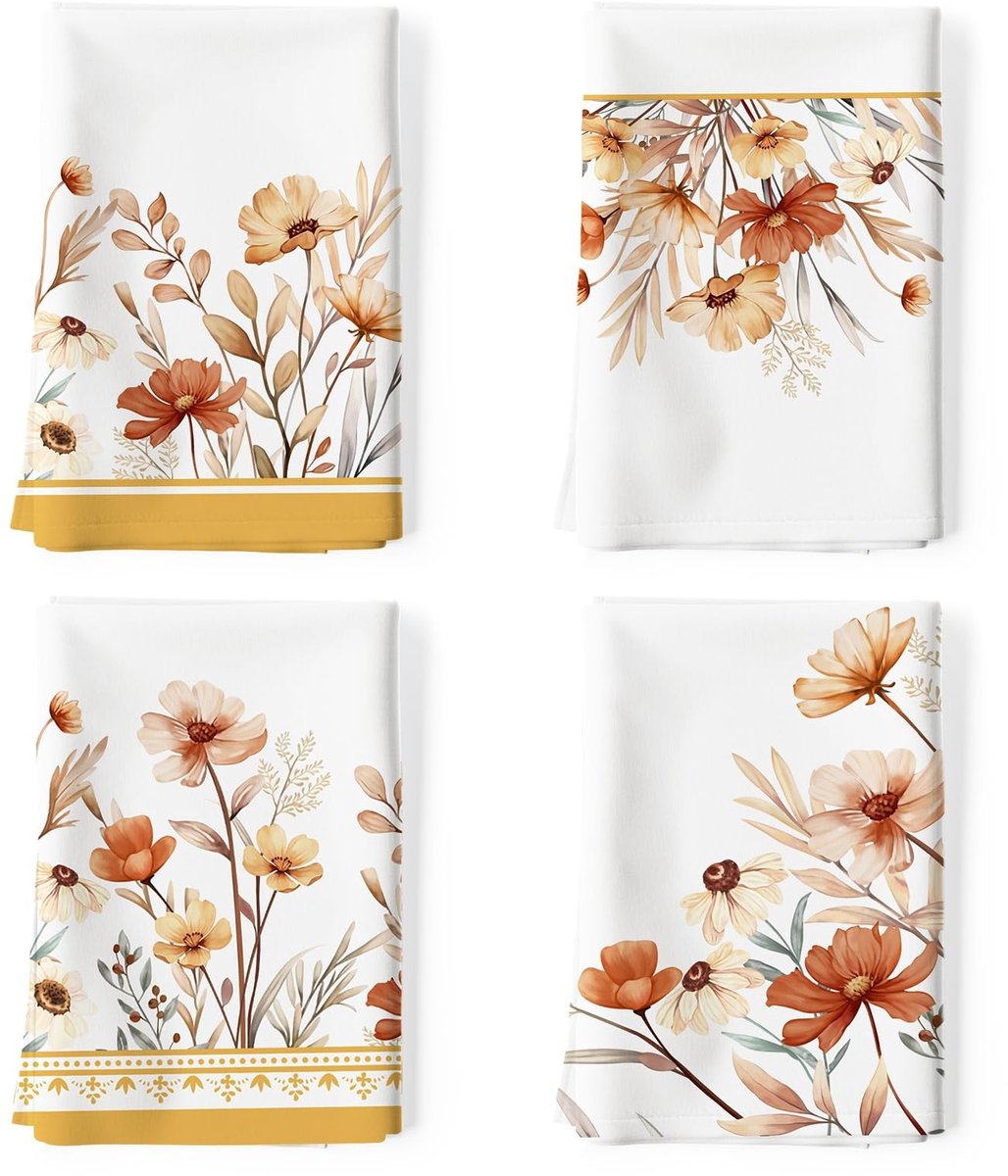 Omgoods - Set van 4 Boho Bloemen Keukendoeken Katoen Sneldrogend 48x70 cm