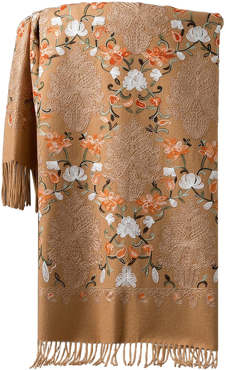 Omgoods - Pashmina Sjaal van Wol met Borduursel in Lichtbruin