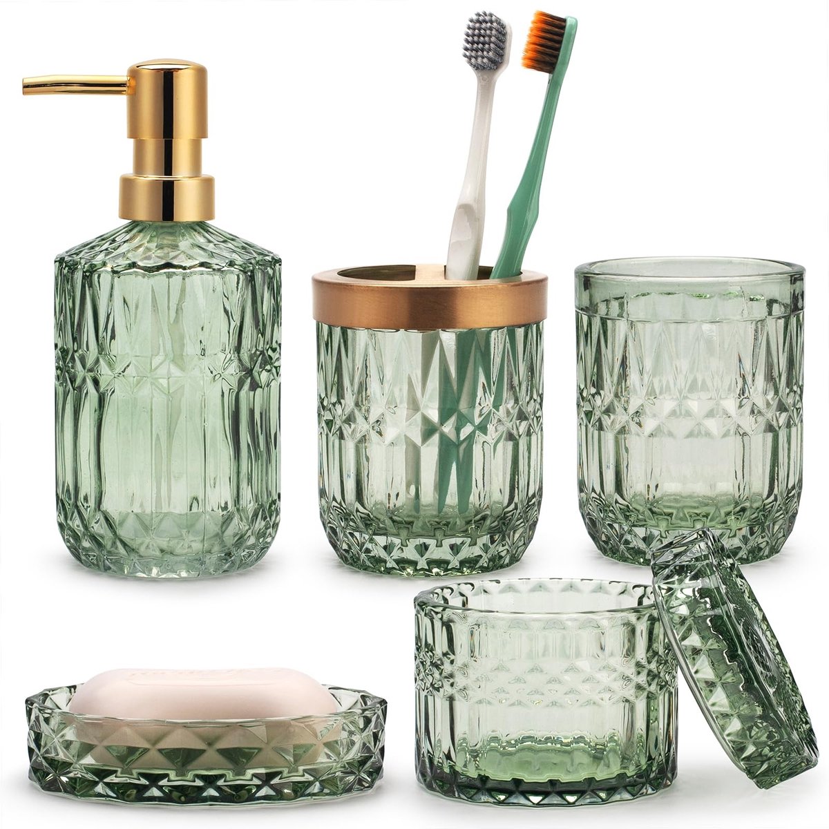Omgoods - 5-delige Groene Glazen Badkameraccessoires Set