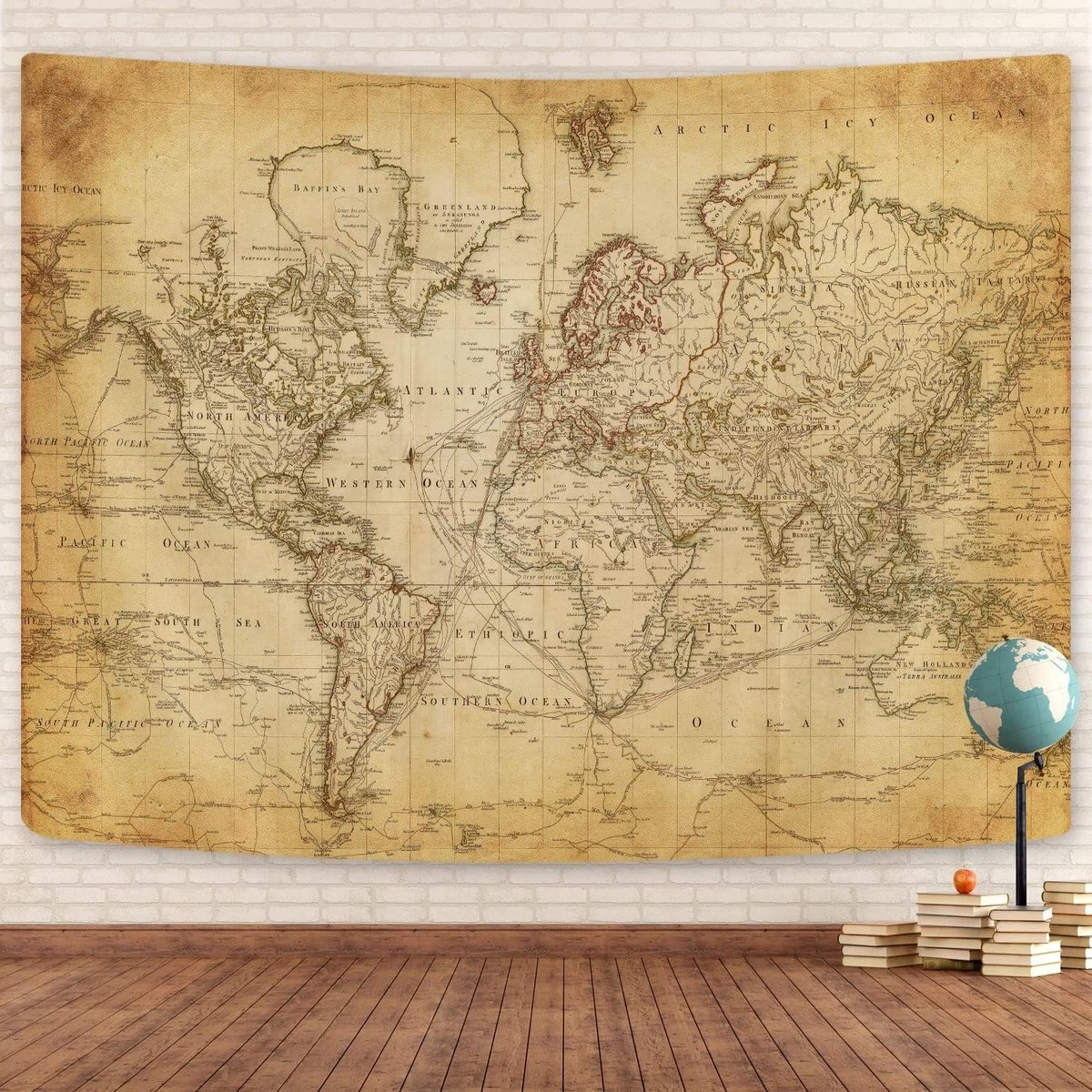 Omgoods - Vintage Wereldkaart Tapisserie voor Muurdecoratie, 90x70 cm