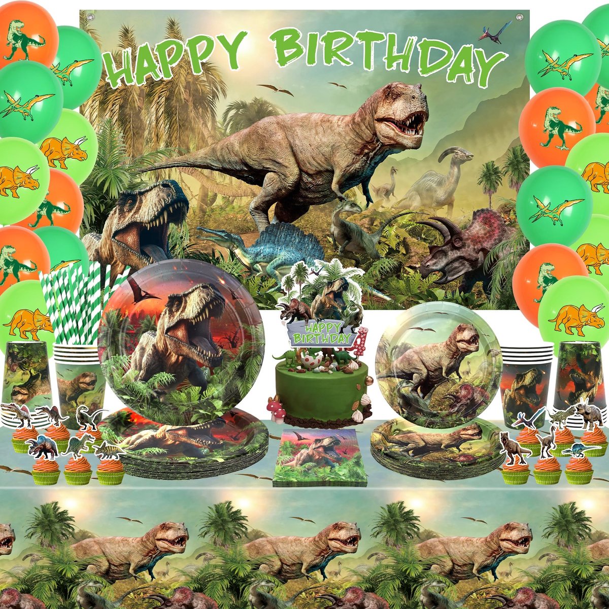 Omgoods - Dinosaurus Verjaardagsfeest Decoratieset voor 20 Gasten met Achtergrond en Ballonnen