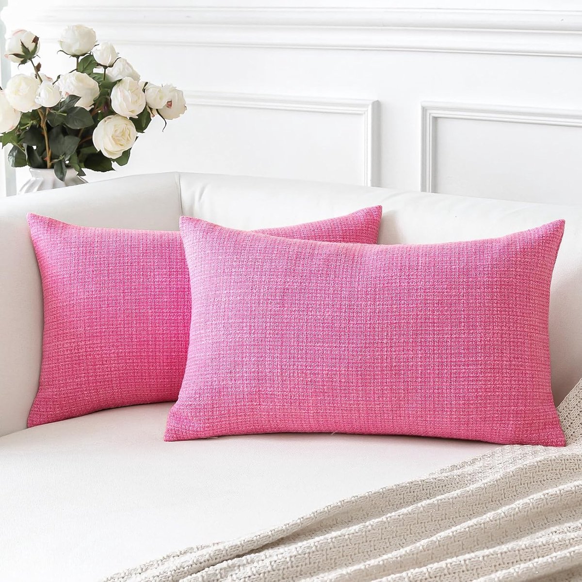 Set van 2 Linnen Decoratieve Kussenhoezen 30 x 50 cm voor Woondecoratie, Bank en Slaapkamer (Felle Roze)