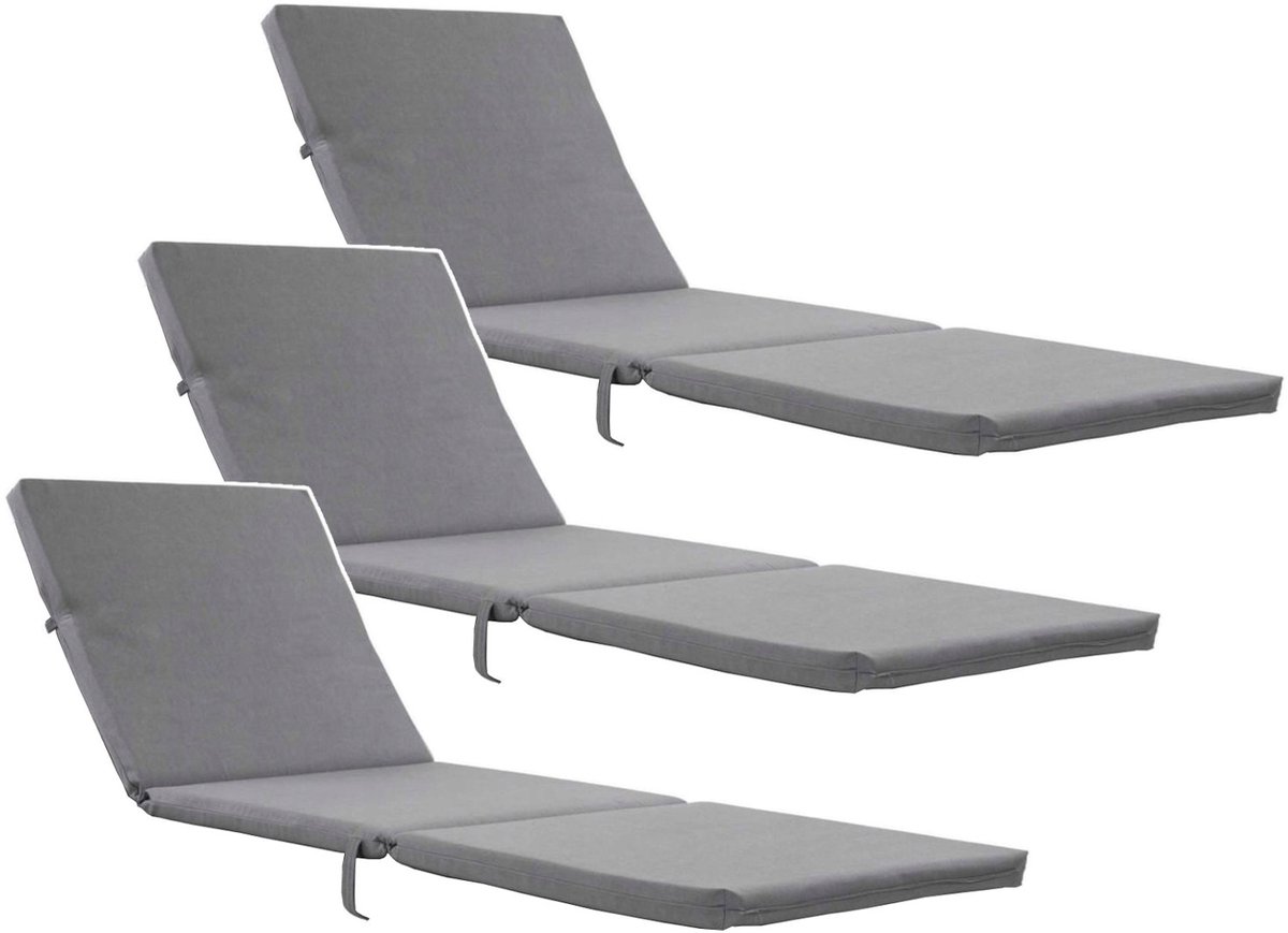 Bazkar Daytona - 3 stuks Kussen voor tuinstoel - Liegstoelkussen 192 x 64 cm - Waterafstotend - Grijs