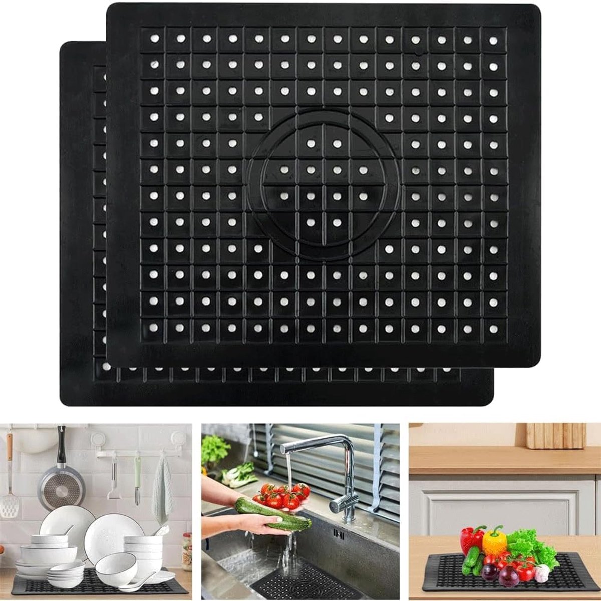 SnelShoppen - Sink Mat, Drainer Mat voor Keuken en Badkamer, Zwart, 31 x 26 cm, Set van 2, Rubber, Voor Afwassen, Voedselresten, Vaatwerk, Groenten en