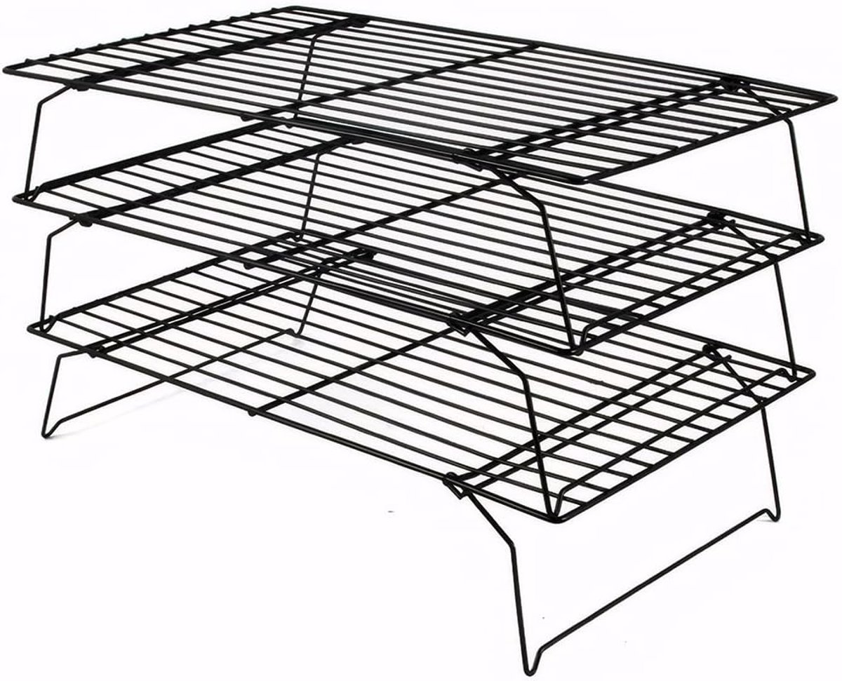 feyiubmen Koelrooster, 3 stuks, 40 × 25 × 6,6 cm, roestvrij staal, zwart, taartrooster om te bakken, opvouwbaar en - ShopVlot