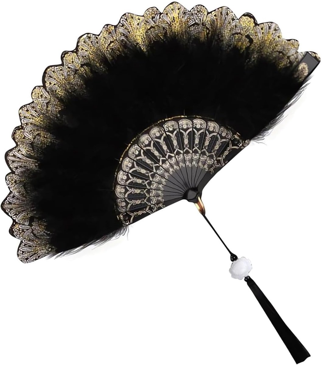 Vouwspringventilator 50 cm - Vintage flapper stijl - Zwart - Perfect voor kostuums - ShopVlot