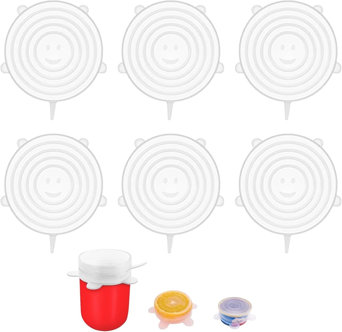 SnelShoppen - 6 Stuks Silicone Deksel Set, Rekbare 9cm Voedselopslag Deksel, Transparant Silicone Stretch Deksel voor Blikken, Fruitkommen, Bekers en