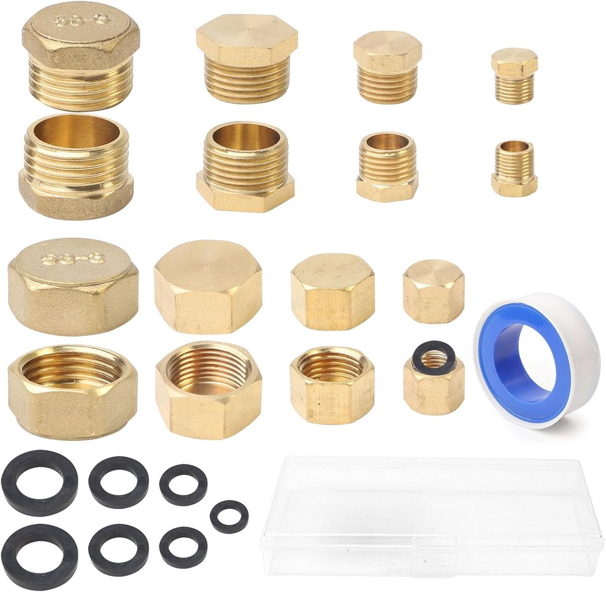 SnelShoppen - Sealing Cap Set - 16 Stuks Mannelijke Draad Stoppluggen met 8 Rubber Seals en Loodgietertape - Voor Waterdichte Opslagdozen 1/8 inch tot